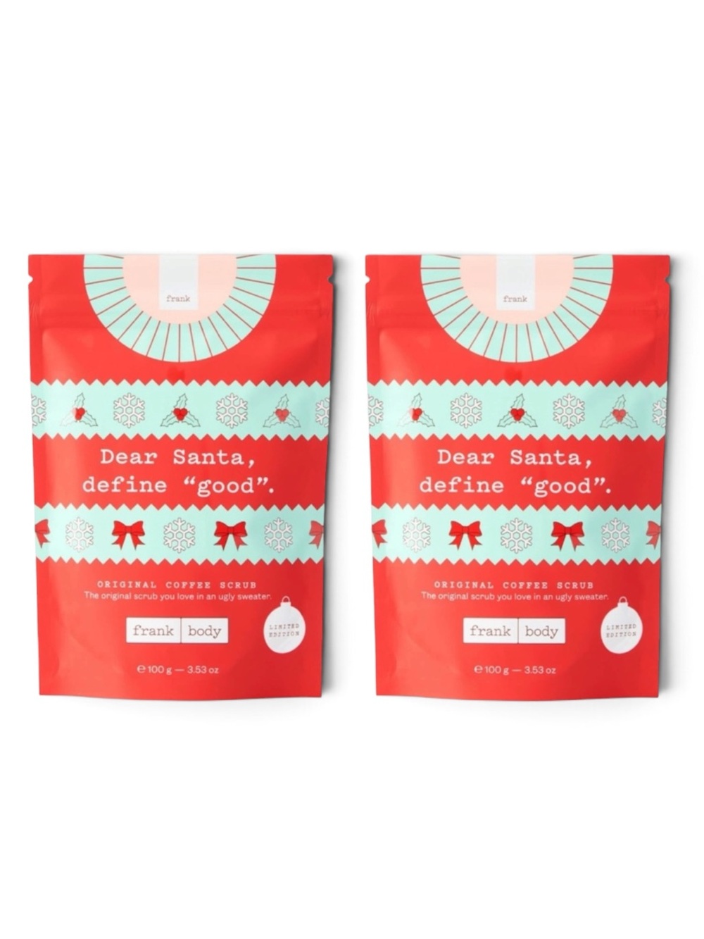 frank body Original Coffee Scrub in Limited Edition Ugly Sweater Packaging Duo